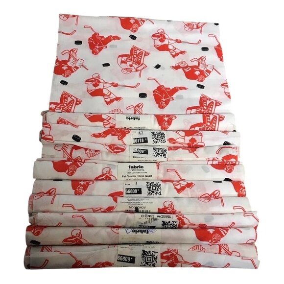 Hockey Themed Canadian Maple Leaf Cotton Fabric Fat Quarter Lot of 10  Red White - Picture 1 of 8